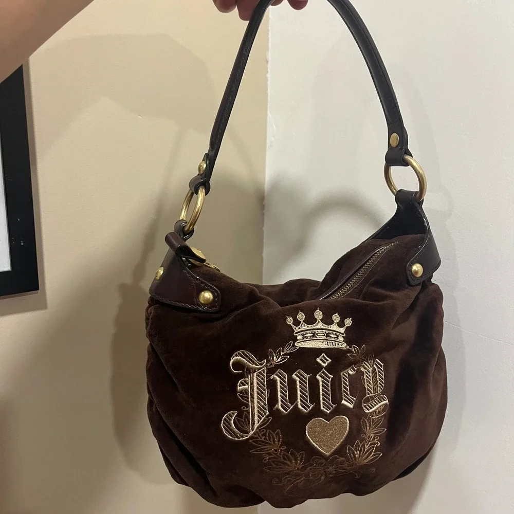 Juicy Couture Vintage Brown Velour Hobo Bag Crown Logo Gold Embroidery Y2K